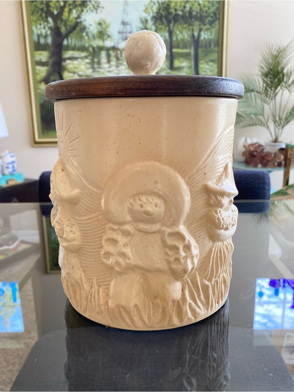 VTG Metlox Poppytrail Pottery Cookie Jar w Cowboys Farmers Wooden Lid CA USA